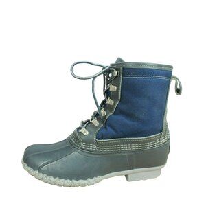 LL Bean Blue Canvas Lace Up Insulated Shearling Lined Ankle Duck Boots Size 7 M